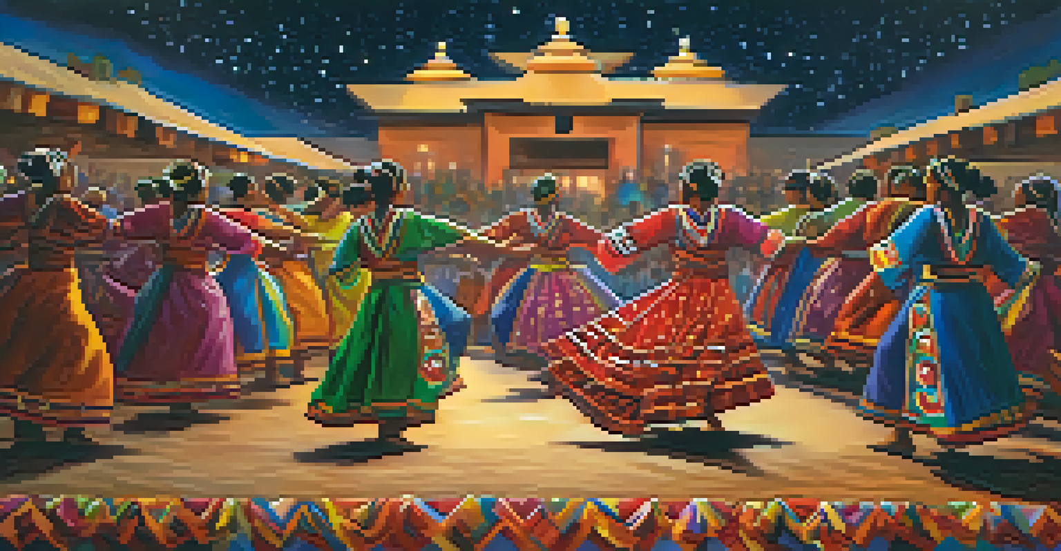 Participants dancing energetically during a Peyote ceremony at night, illuminated by soft lights against a starry sky.