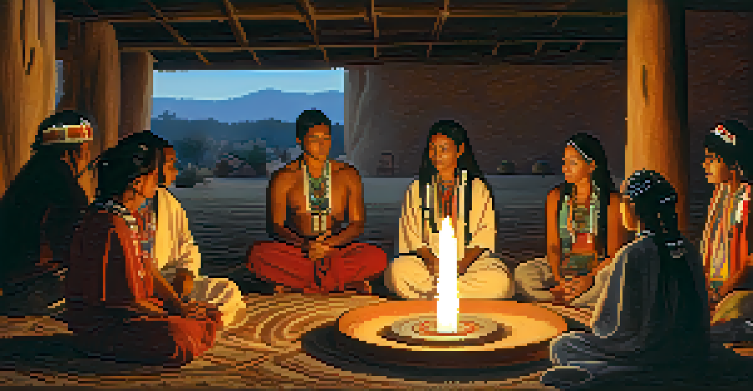 A group of diverse individuals in a circle participating in a peyote ceremony, illuminated by soft candlelight with traditional elements like drums.