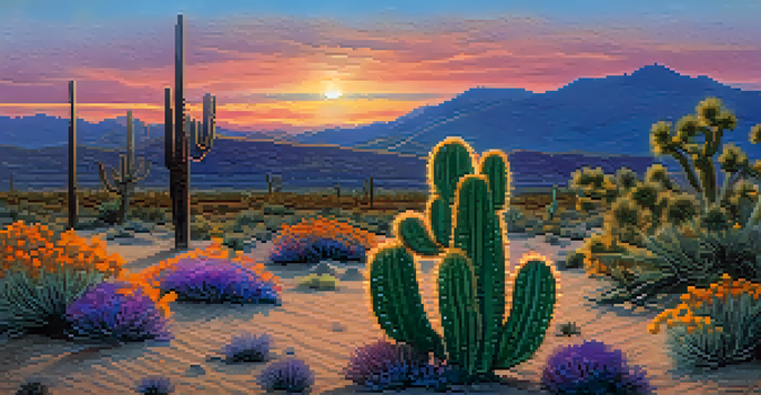 A scenic desert landscape at sunset with a peyote cactus in the foreground and colorful sky.