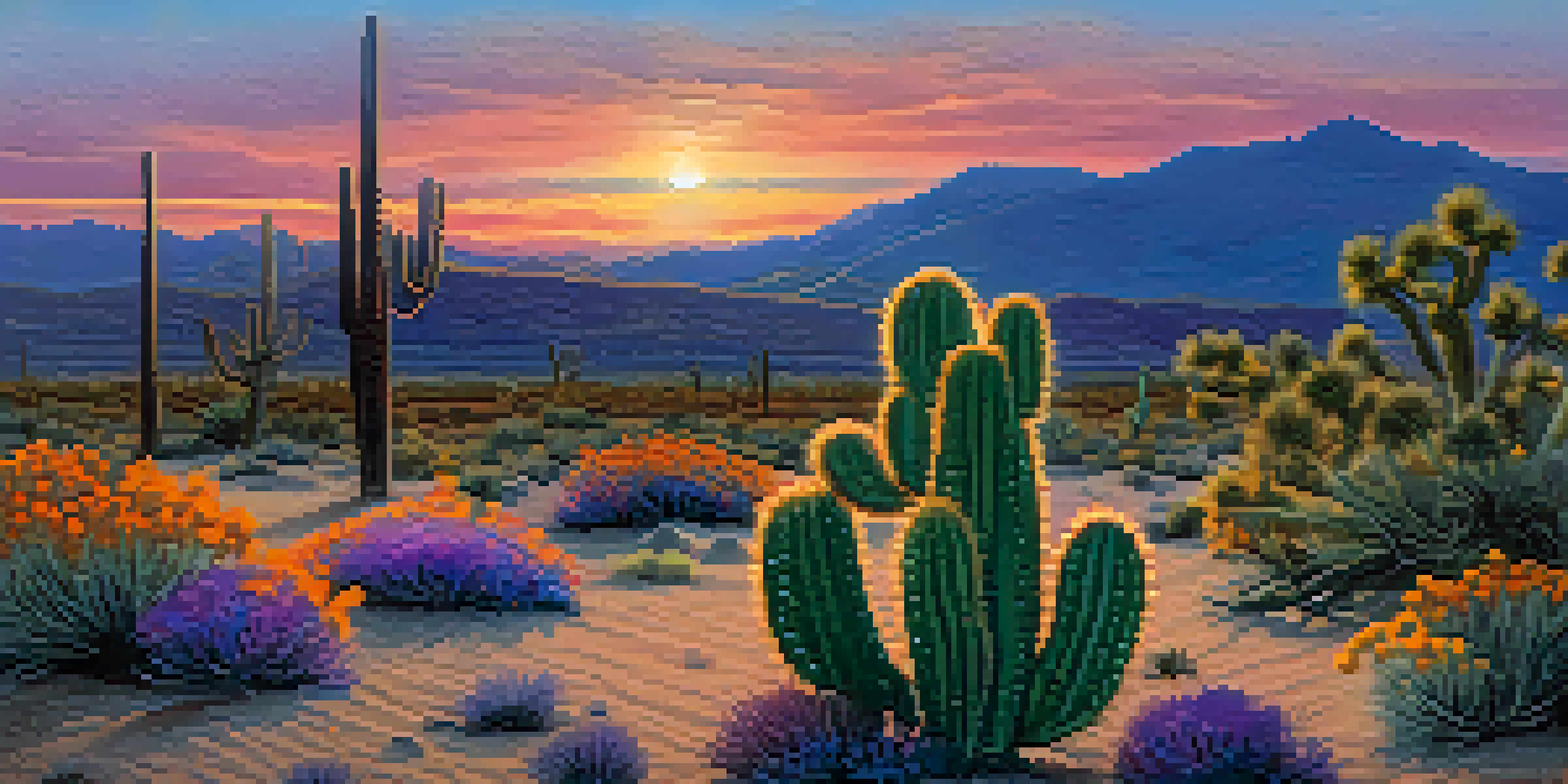 A scenic desert landscape at sunset with a peyote cactus in the foreground and colorful sky.