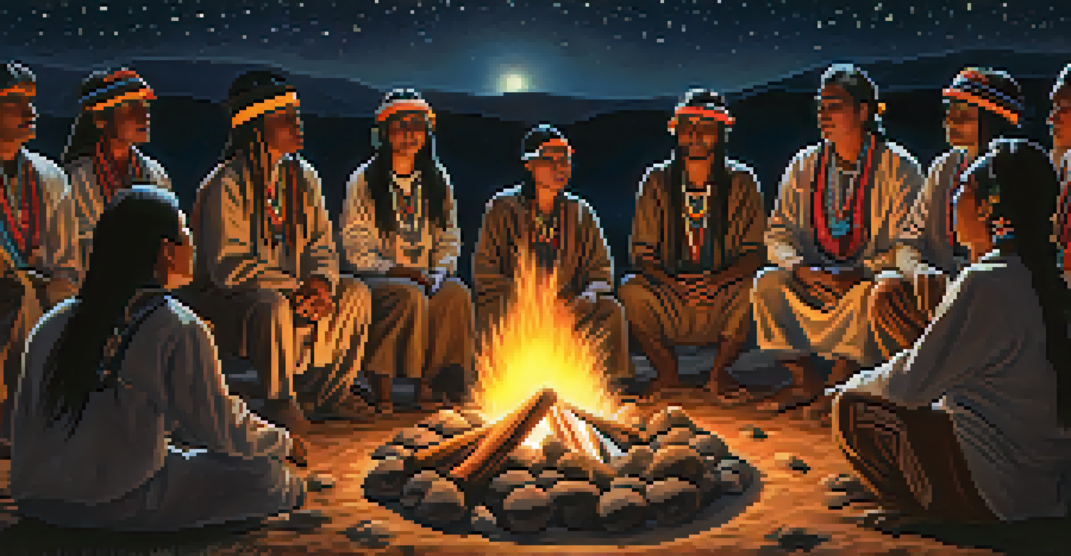 Indigenous people in a peyote ceremony under a starry night sky.