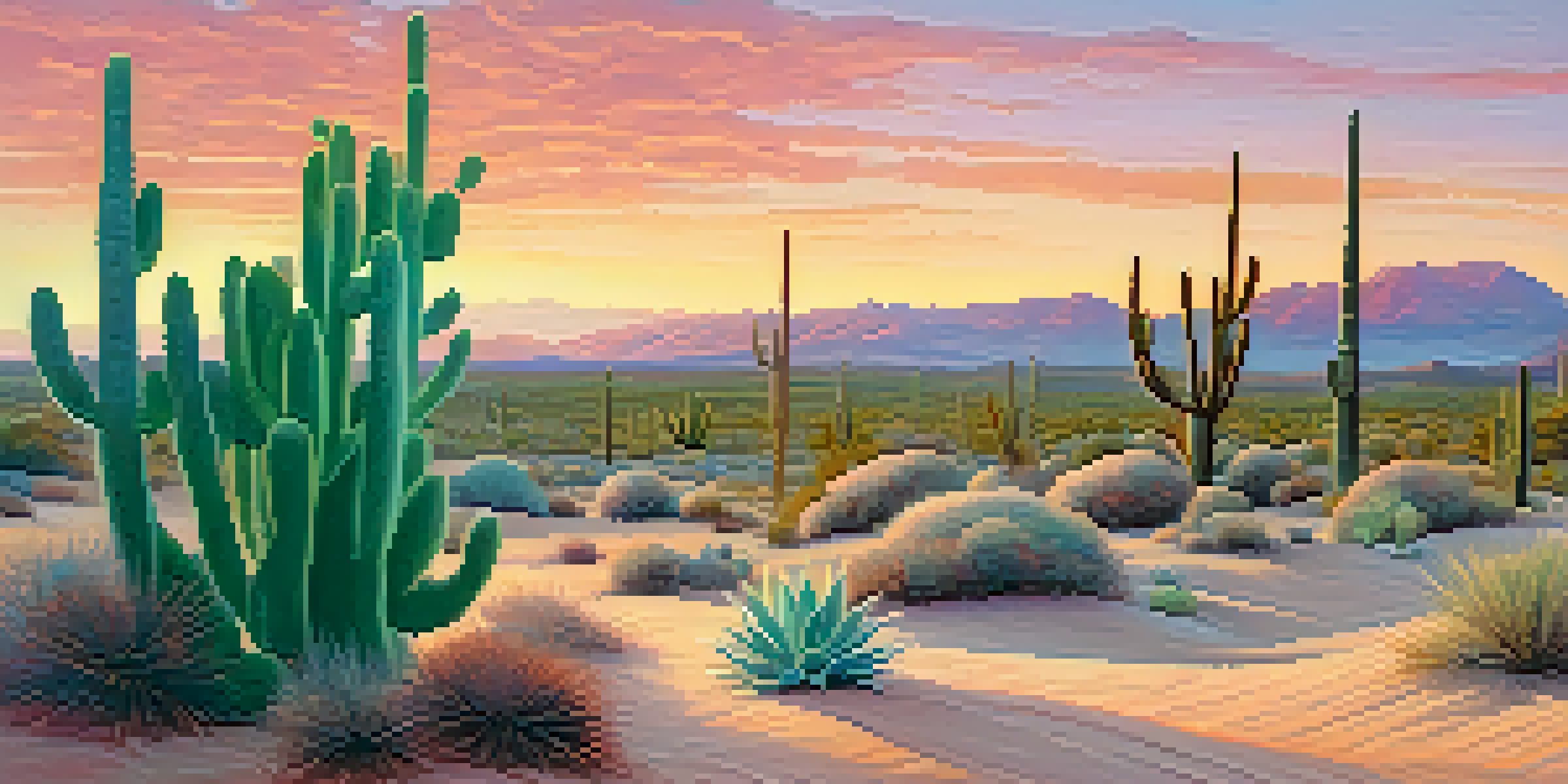 A close-up view of a peyote cactus in a desert landscape at dawn, with colorful skies and soft sand textures.
