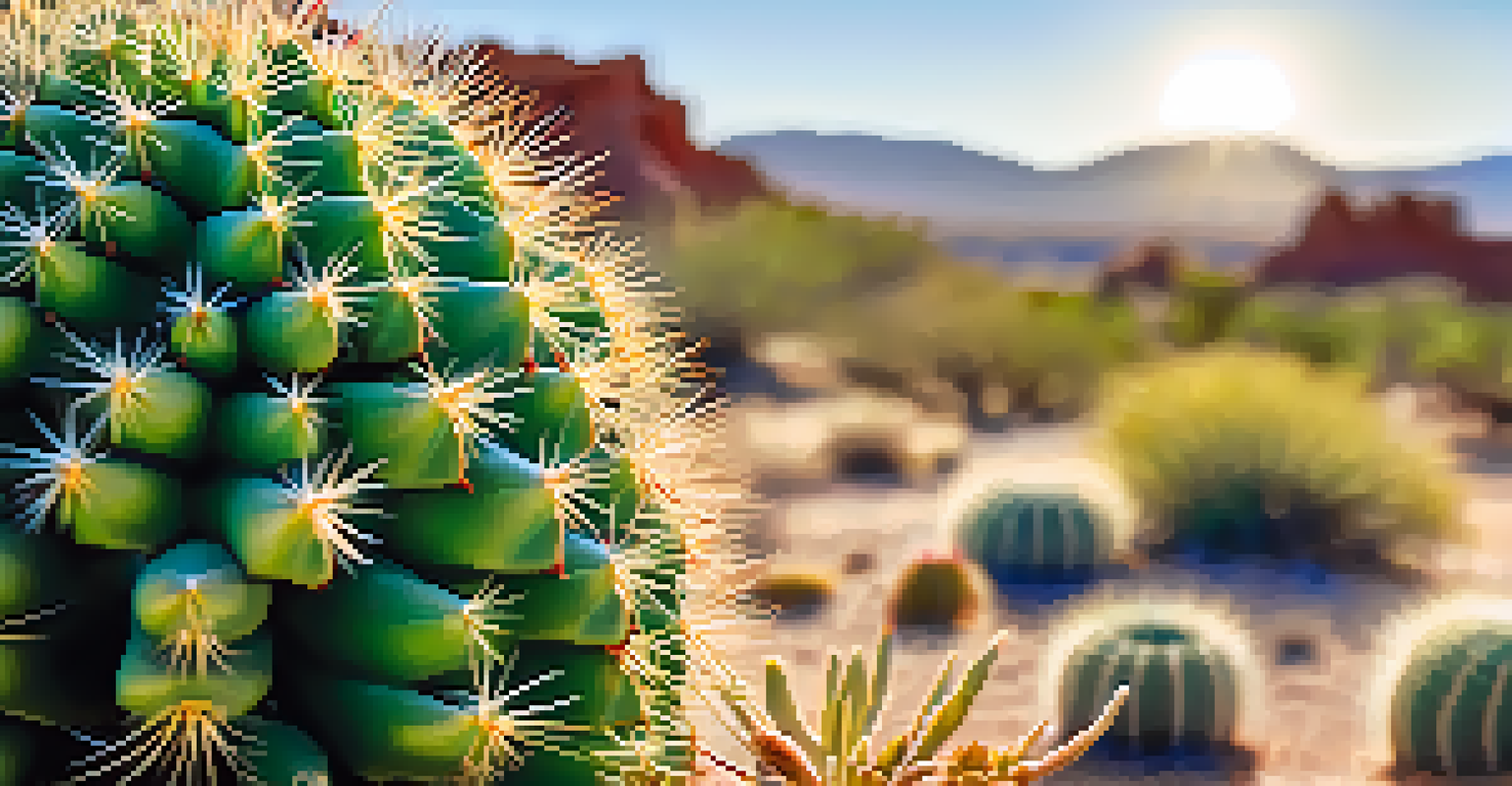 A close-up of a peyote cactus showing its spines and green color, with a blurred desert background.