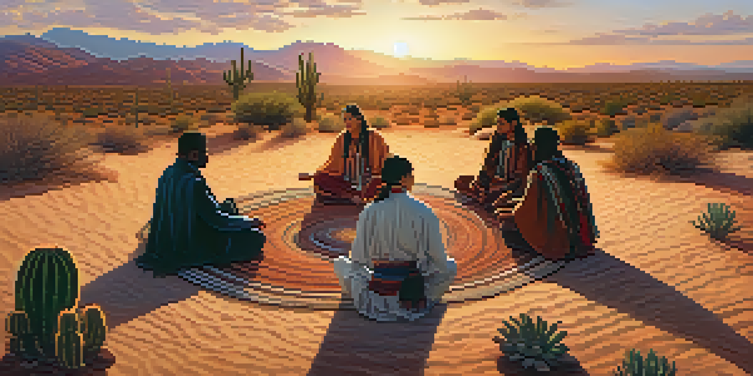 A sunset in the desert with people in traditional attire sitting in a circle, participating in a ritual surrounded by cacti.