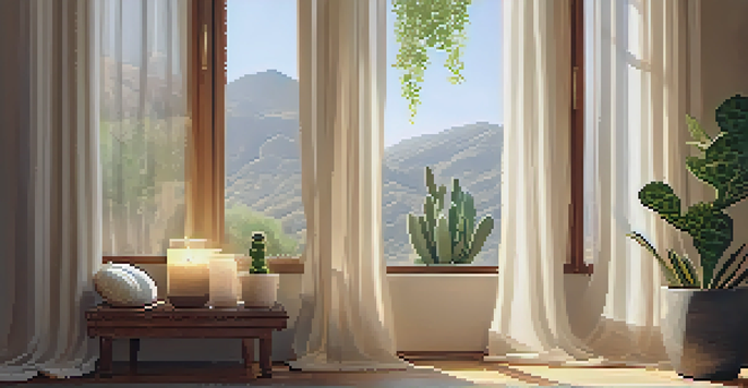 A peaceful meditation space with candles, cushions, and a cactus, illuminated by soft sunlight.