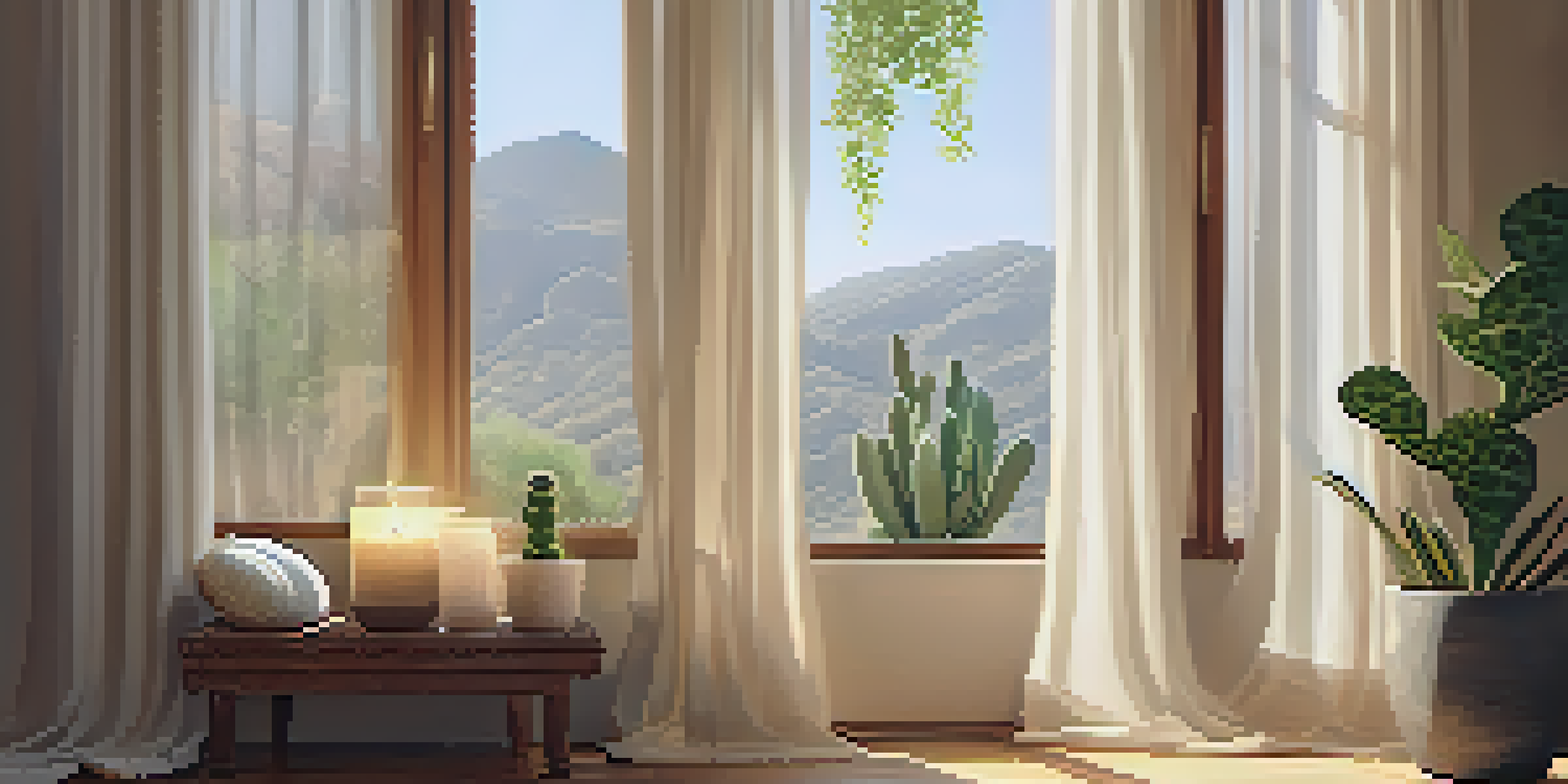 A peaceful meditation space with candles, cushions, and a cactus, illuminated by soft sunlight.
