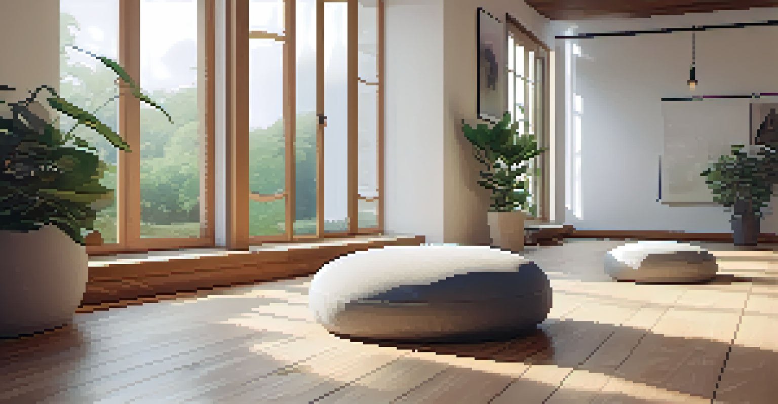 A peaceful meditation space with cushions, plants, and natural light from large windows.