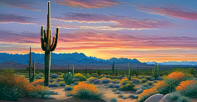 A peaceful desert scene at sunset with a saguaro cactus and a colorful sky.