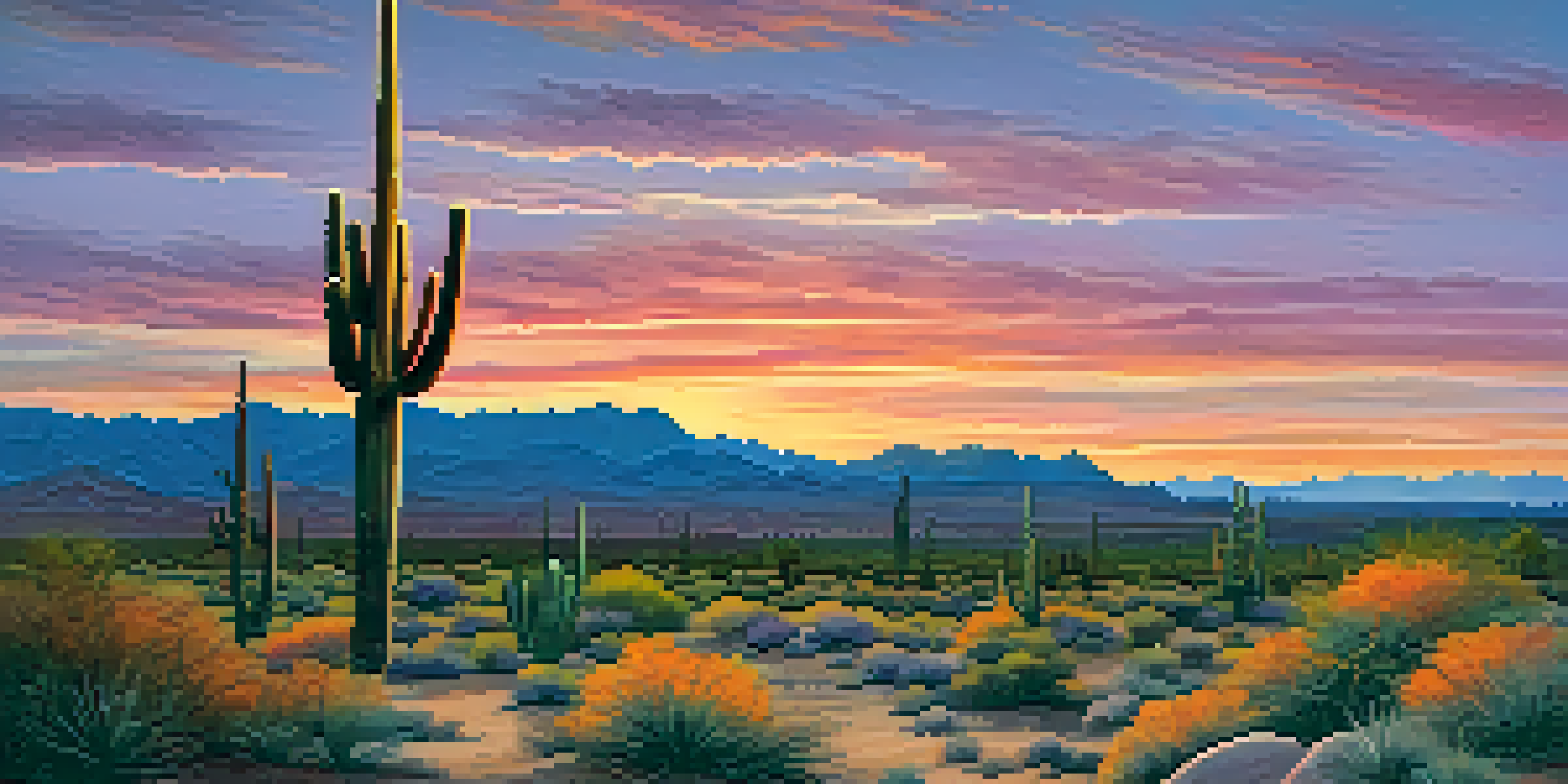 A peaceful desert scene at sunset with a saguaro cactus and a colorful sky.
