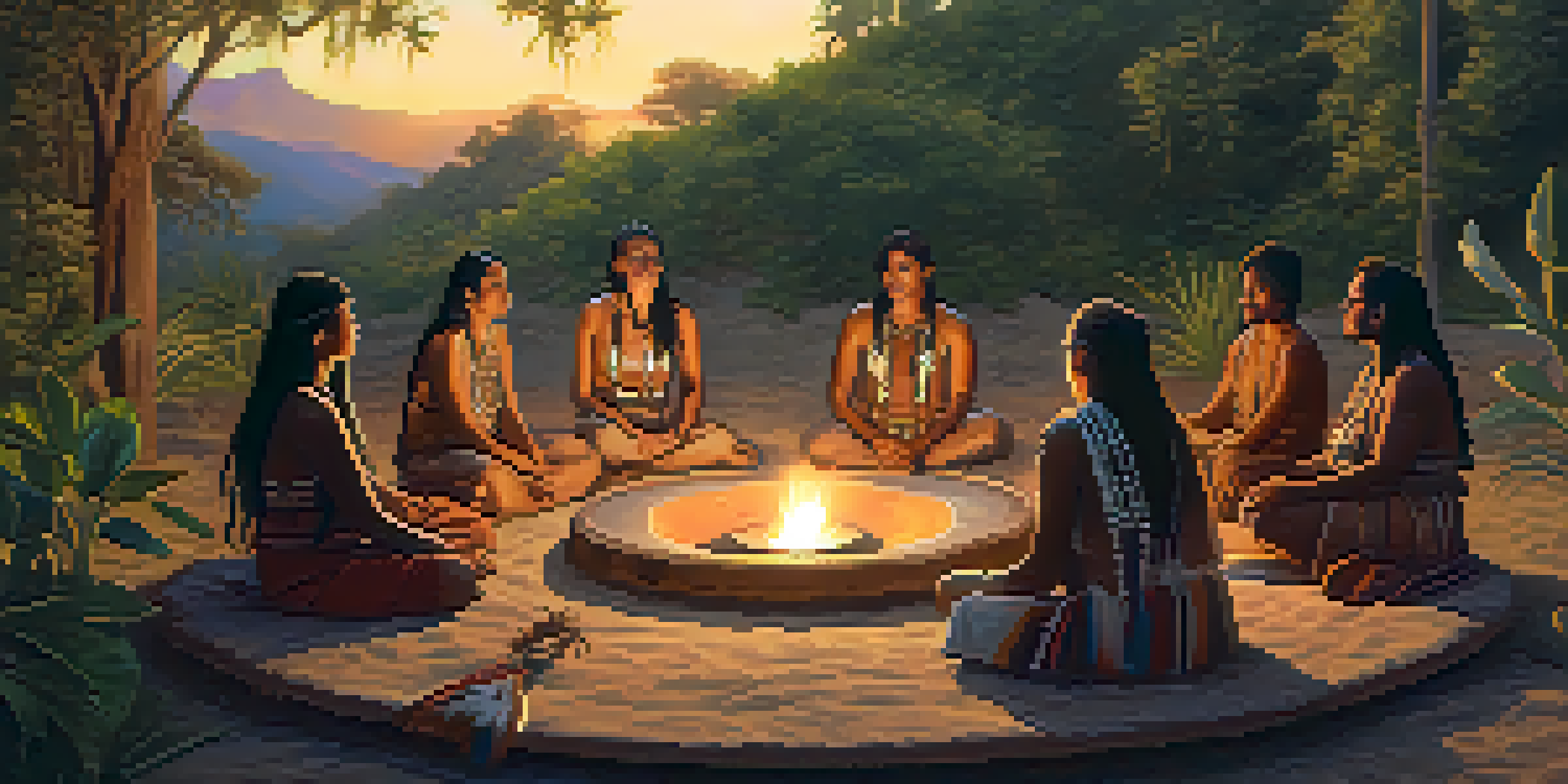 A diverse group of people participating in a peyote ceremony in a natural setting, surrounded by greenery and illuminated by a sunset.