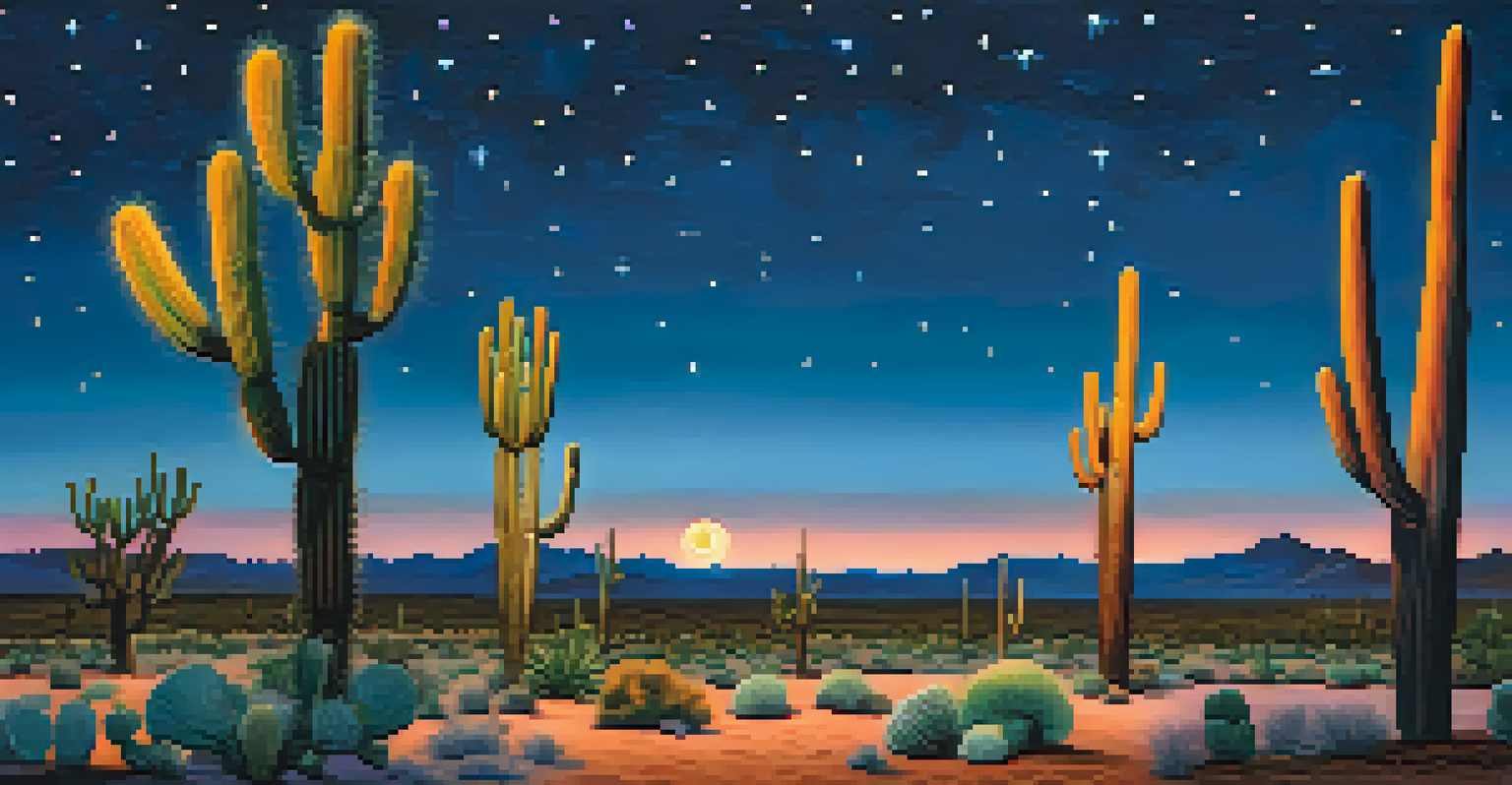 A desert scene with peyote cacti in the foreground and a twilight sky filled with stars.