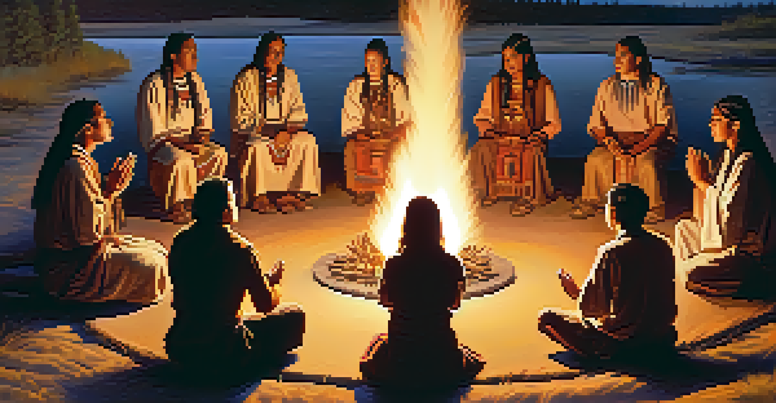 A group of Native Americans in traditional attire gathered around a fire, participating in a ceremonial ritual.