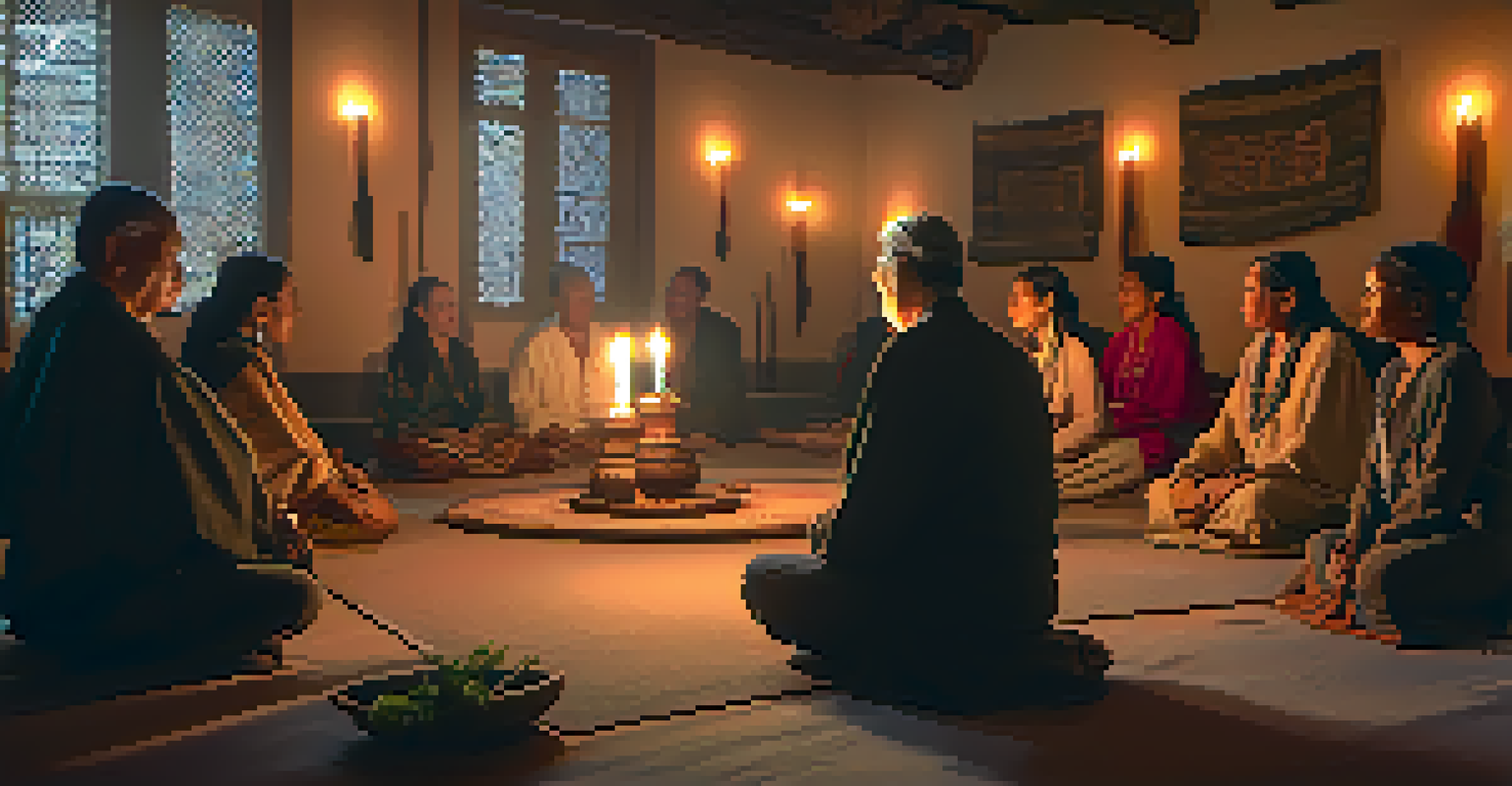 An elder leading a mourning ceremony indoors, surrounded by candles and plants, with participants showing deep contemplation in a sacred atmosphere.