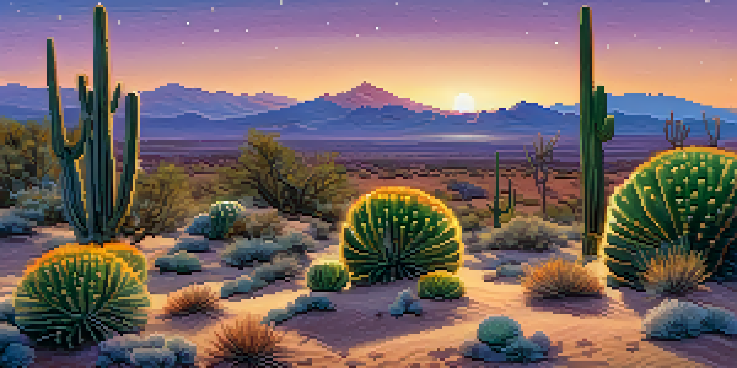 A tranquil desert scene at dusk with small peyote cacti, warm sands, and a colorful sunset sky.