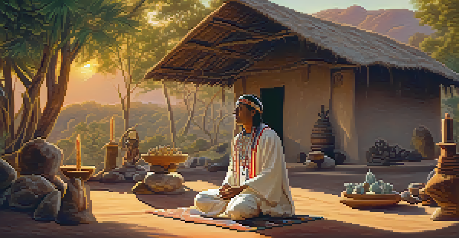 An Indigenous healer performing a ceremony with Peyote in a natural setting, dressed in traditional clothing.