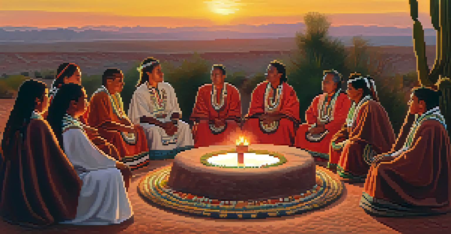 An outdoor Indigenous ceremony with a peyote cactus centerpiece and participants in traditional clothing during sunset.