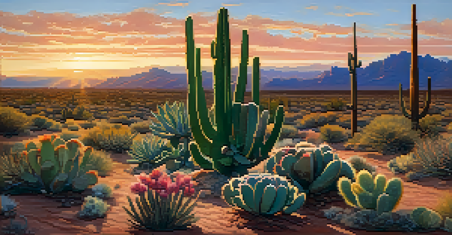 A blooming peyote cactus in a desert landscape during sunset, radiating warmth and serenity.