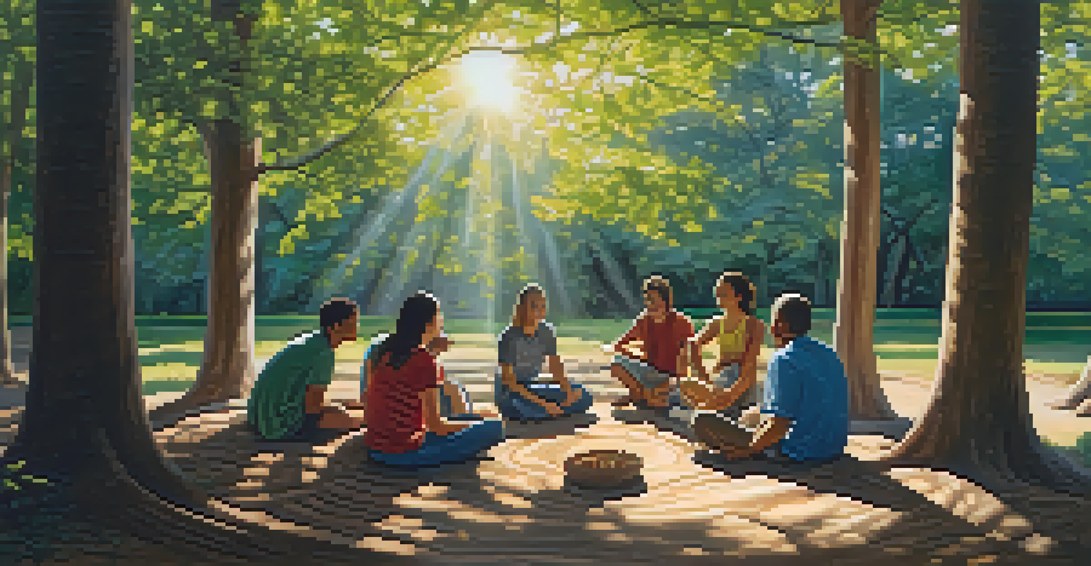 A group of diverse individuals sitting in a circle in a natural setting, expressing emotions of joy and contemplation.