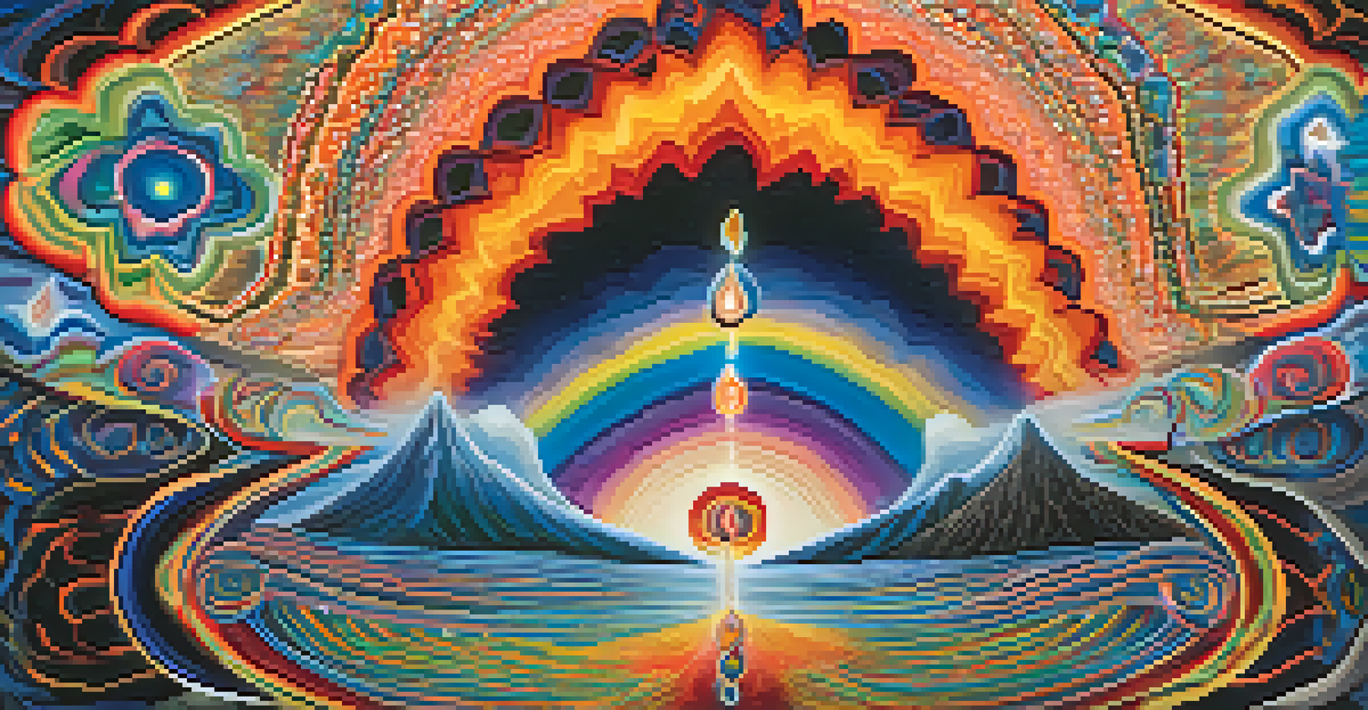 An abstract representation of a spiritual journey inspired by Peyote use, with vivid colors and swirling patterns.