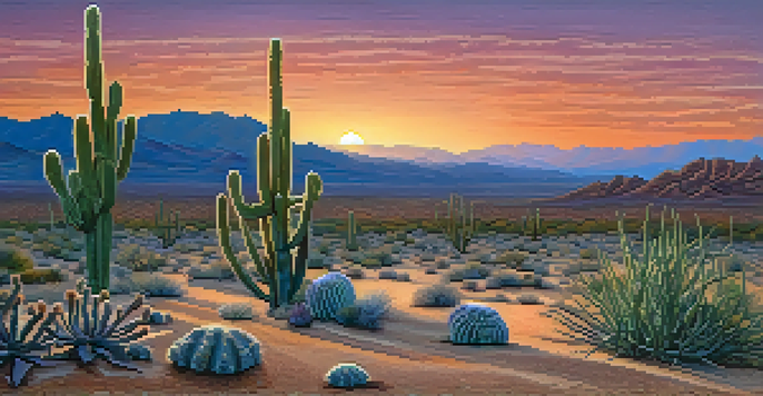 A peaceful desert scene with Peyote cacti under a colorful sunset sky, highlighting the textures of the cacti and the sandy ground.