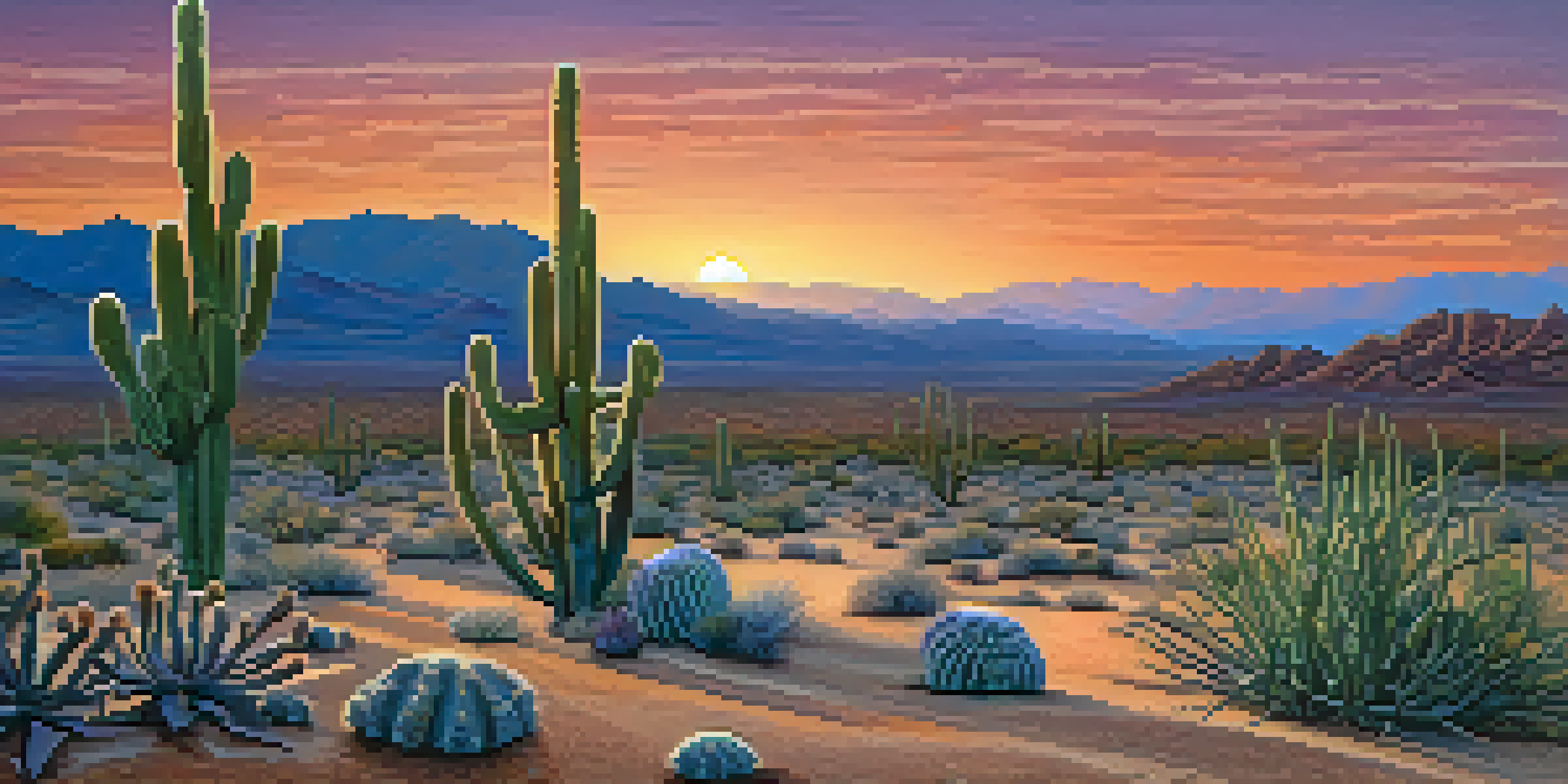 A peaceful desert scene with Peyote cacti under a colorful sunset sky, highlighting the textures of the cacti and the sandy ground.
