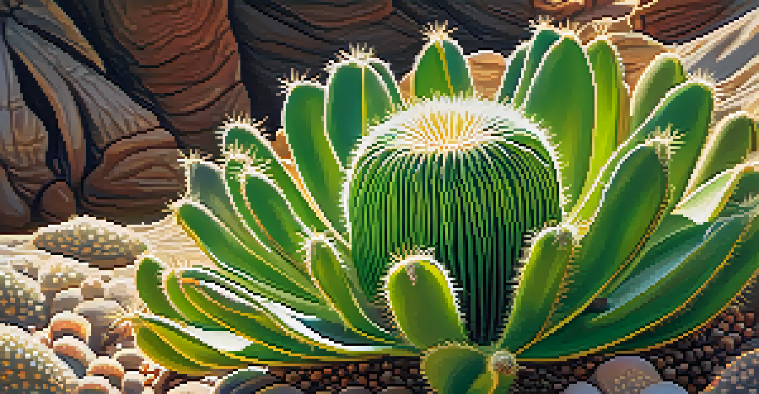 A close-up view of a peyote cactus, highlighting its spines and vibrant green color with sunlight reflecting off dewdrops.