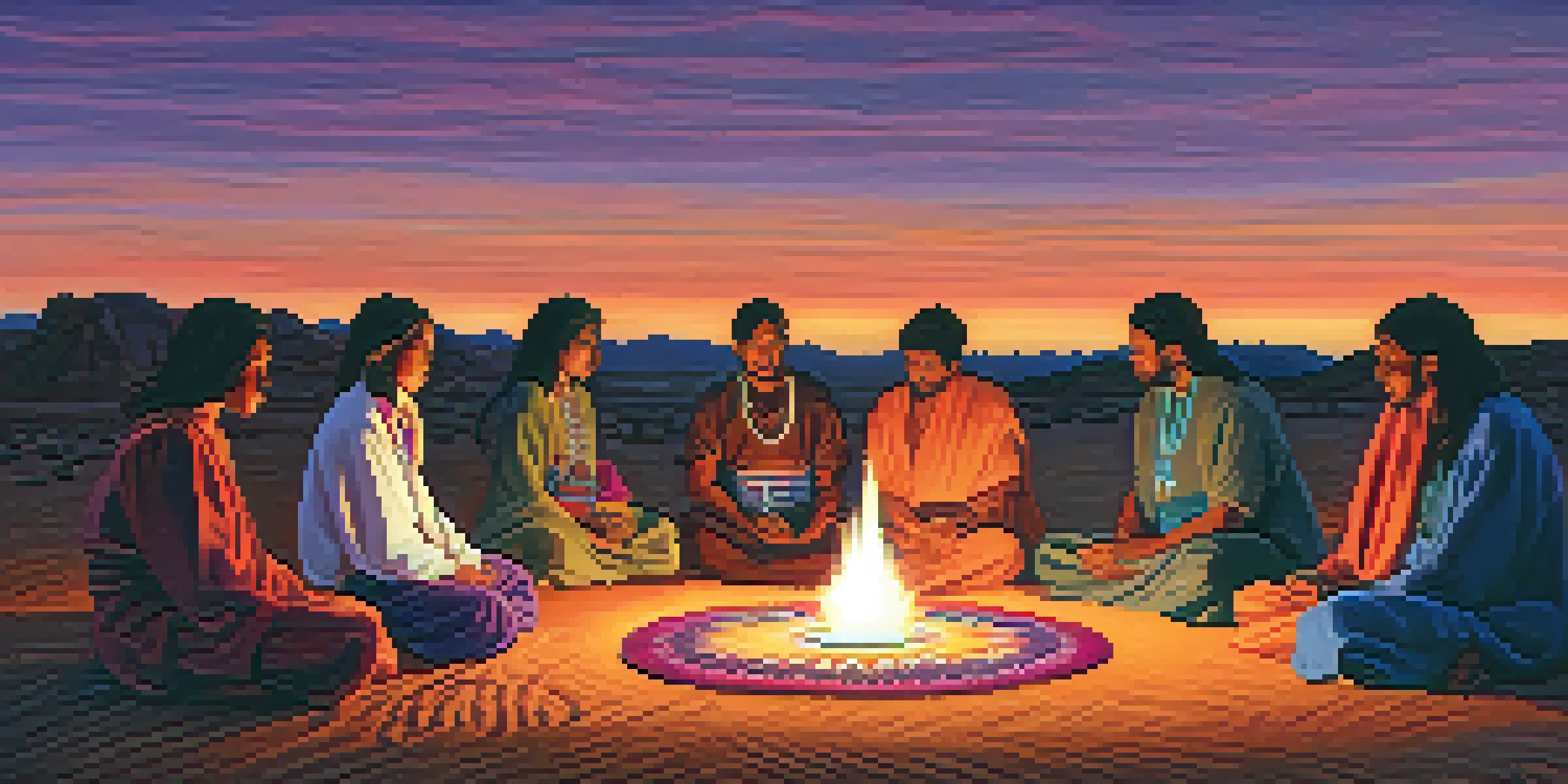 A group of people in a peyote ceremony at dusk, surrounded by lanterns and a colorful altar in a desert setting.