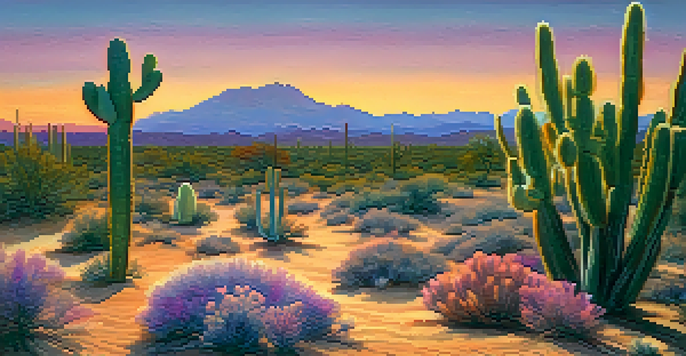 A desert landscape at sunset with a peyote cactus in the foreground, showcasing vibrant colors in the sky.