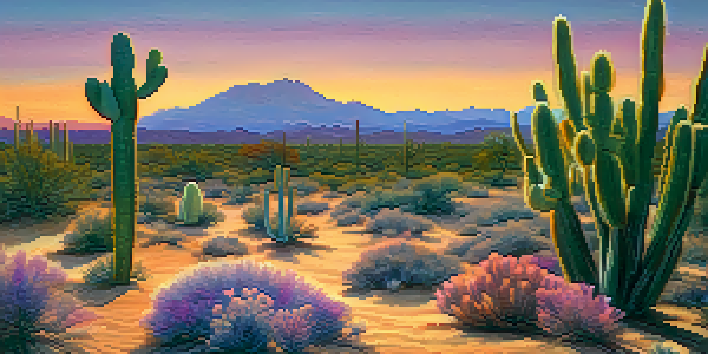 A desert landscape at sunset with a peyote cactus in the foreground, showcasing vibrant colors in the sky.