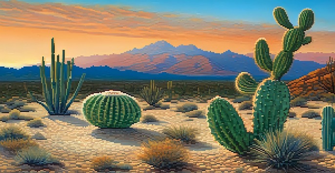 A peaceful desert scene with a peyote cactus under a colorful sunset sky.