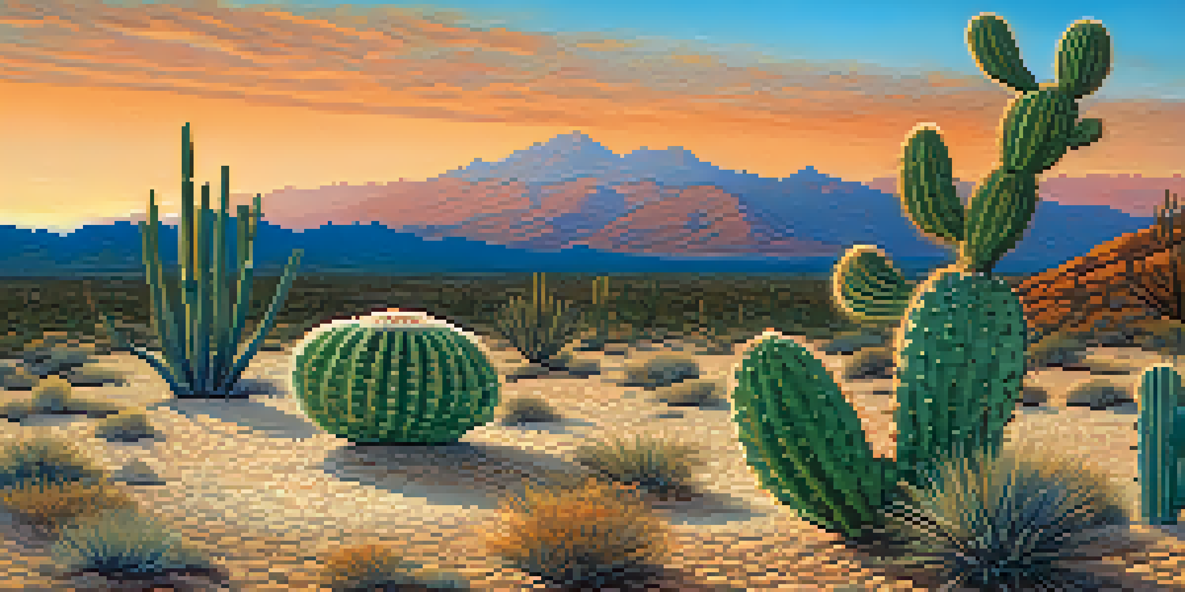 A peaceful desert scene with a peyote cactus under a colorful sunset sky.