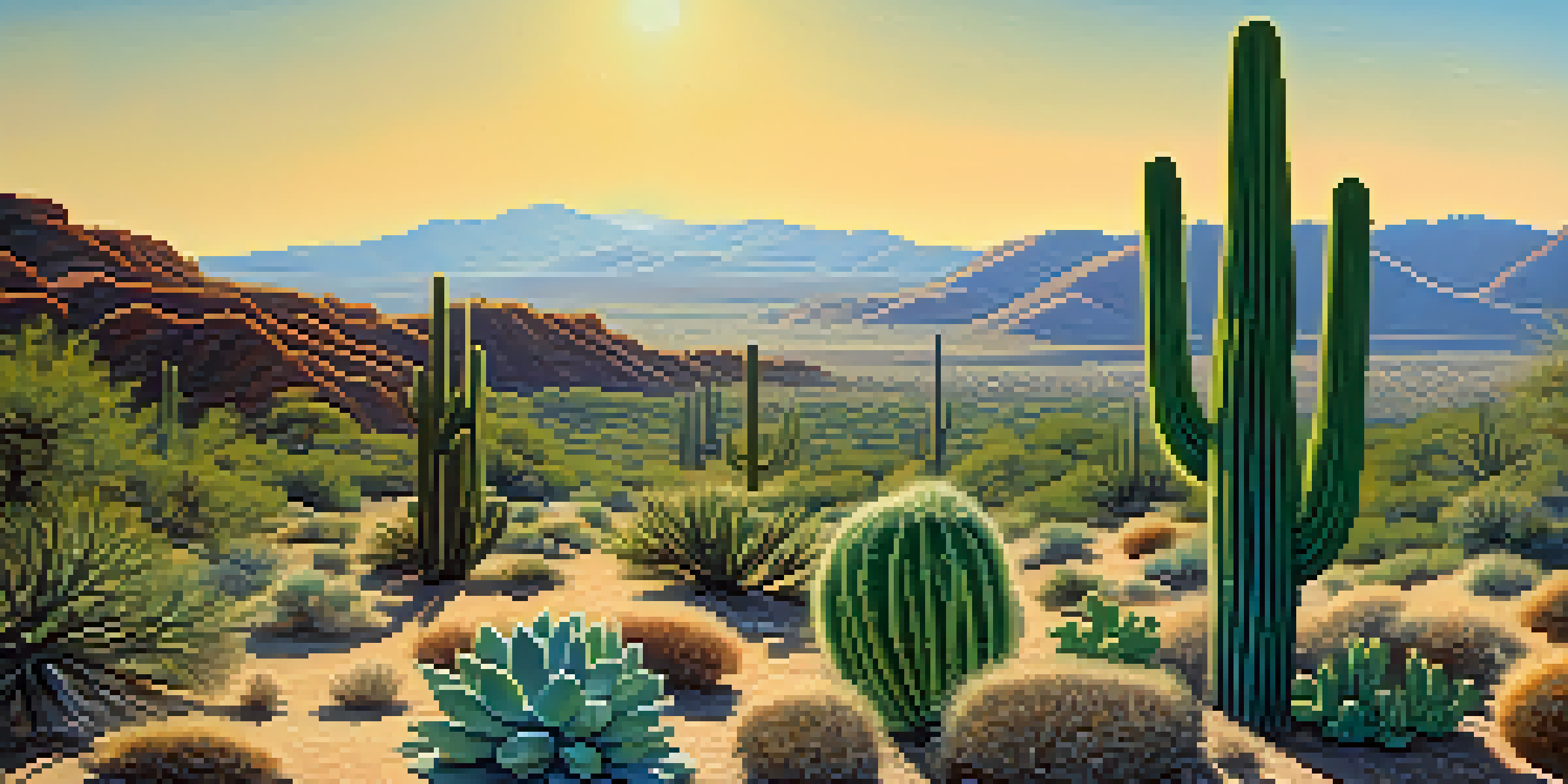 A lush desert landscape showcasing a vibrant peyote cactus in the foreground with rolling hills and a bright blue sky in the background.