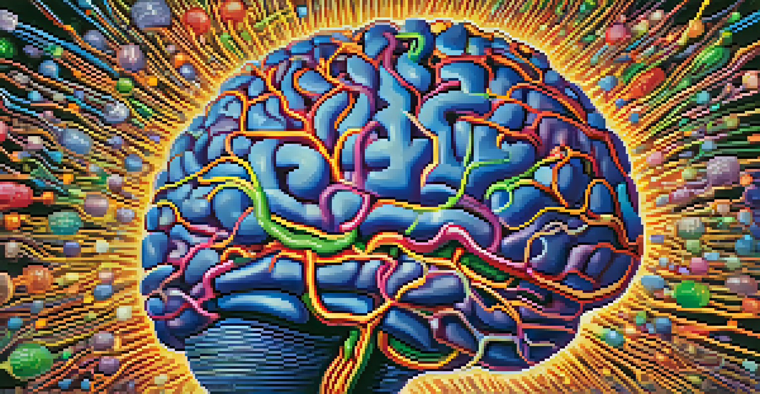 A colorful illustration of the brain highlighting neurotransmitter connections, representing the effects of mescaline.