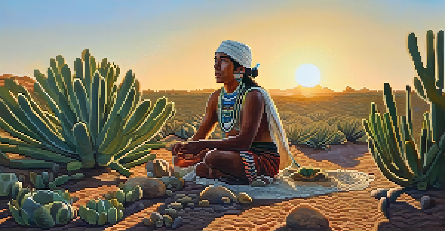 An Indigenous person harvesting peyote in a desert, wearing traditional attire during sunset.