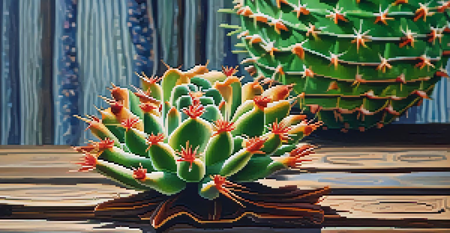 Close-up of a peyote cactus with intricate textures on a wooden table, with blurred traditional artifacts in the background.