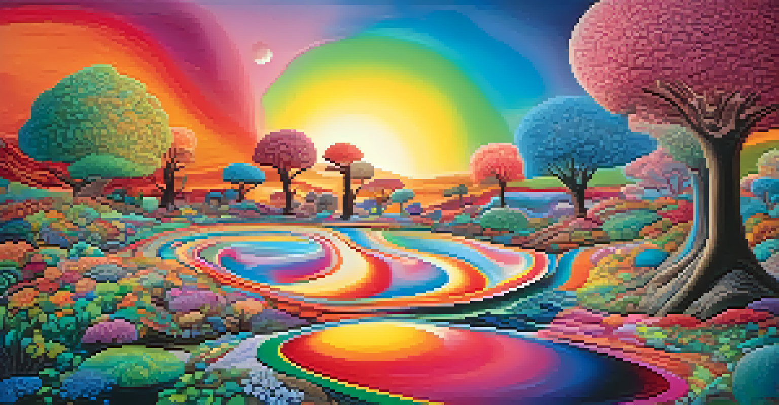 A surreal landscape with vibrant colors and abstract shapes, representing the dreamlike effects of mescaline.