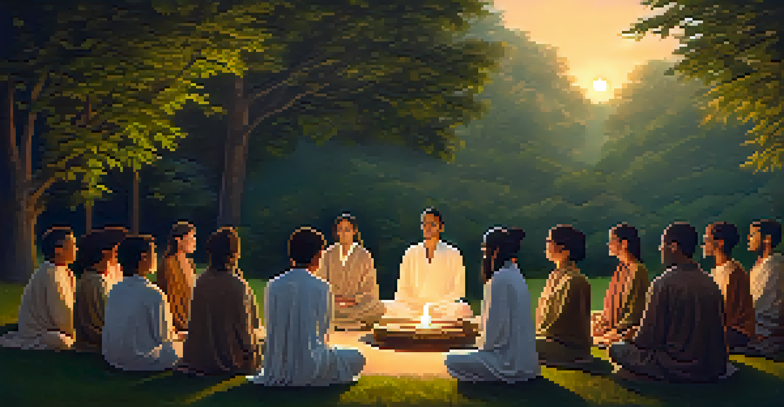 A group of people in a spiritual ceremony sitting in a circle in nature, illuminated by candlelight, radiating peace and connection.