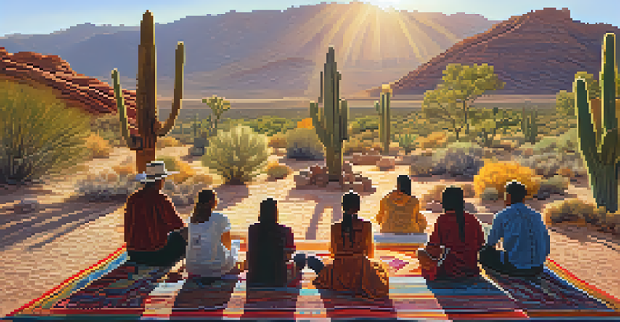 A group of people sitting in a circle during a peyote ceremony in the desert, surrounded by cacti and wildflowers, sharing stories and supporting each other.