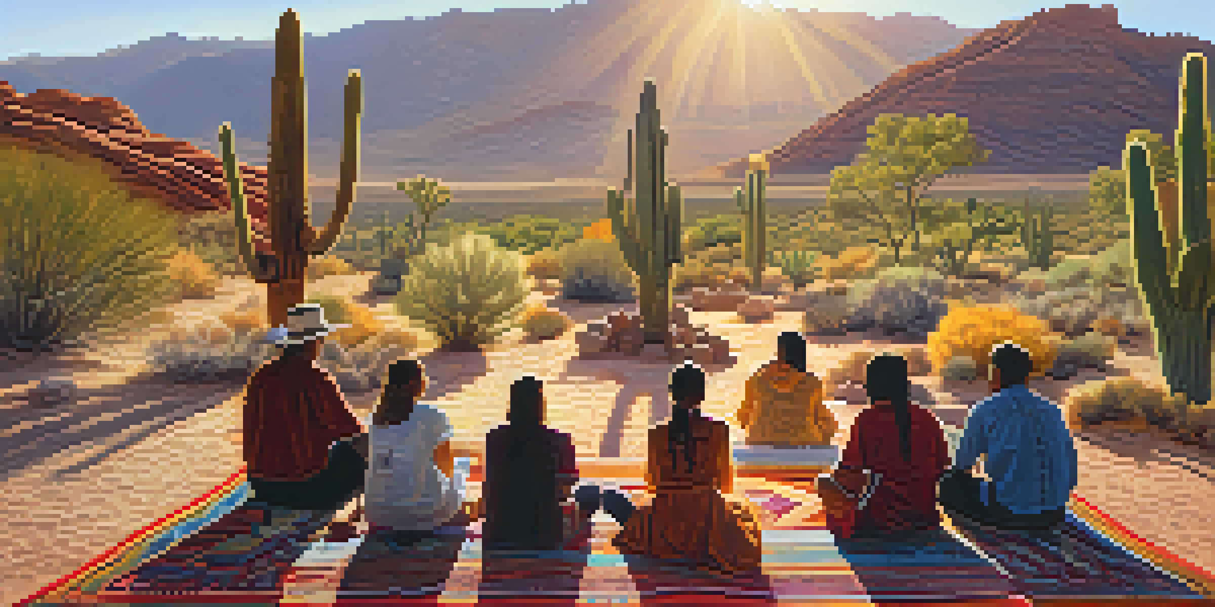 A group of people sitting in a circle during a peyote ceremony in the desert, surrounded by cacti and wildflowers, sharing stories and supporting each other.