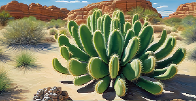 A close-up of a peyote cactus surrounded by desert landscape under a blue sky.