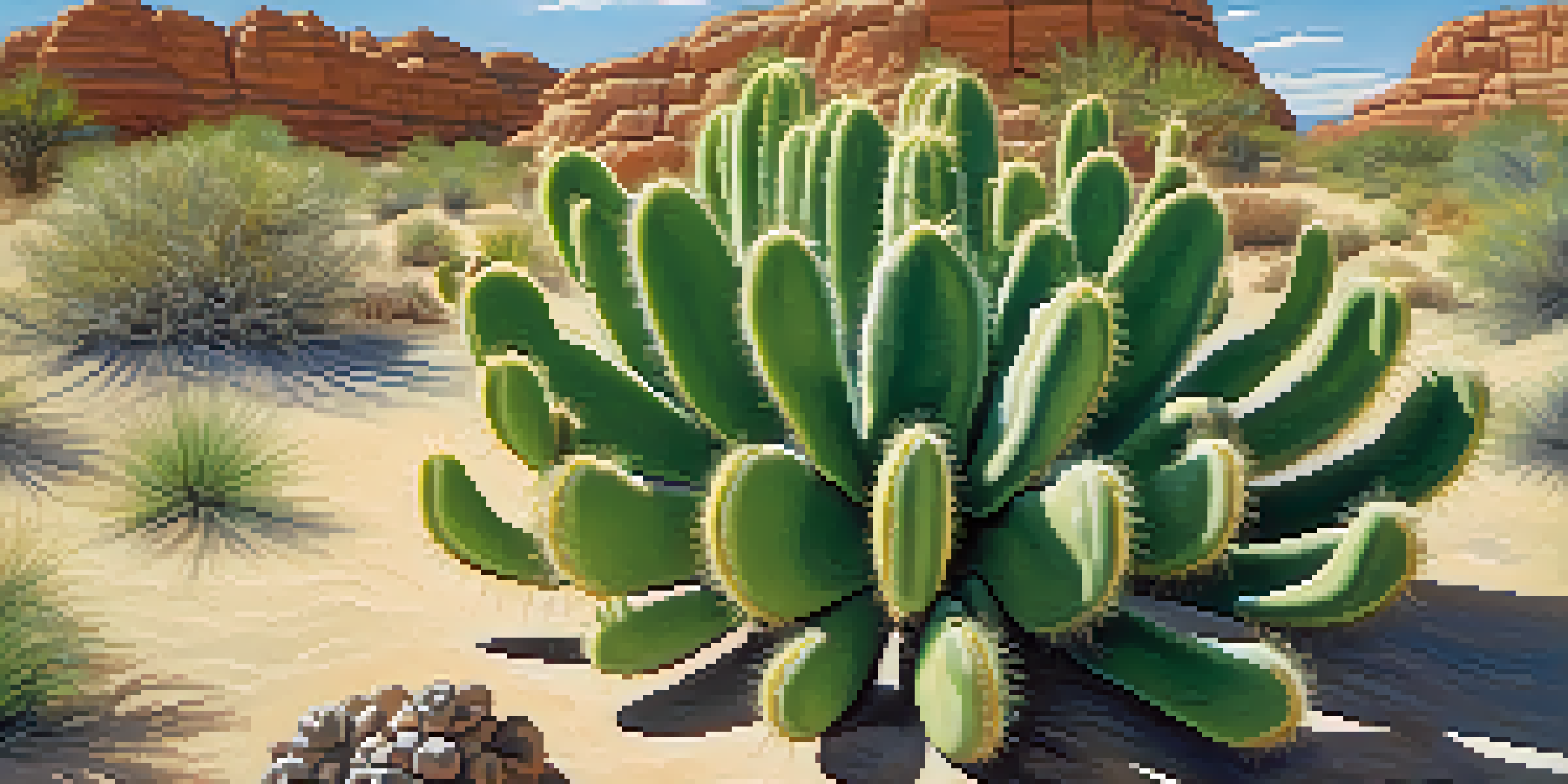 A close-up of a peyote cactus surrounded by desert landscape under a blue sky.