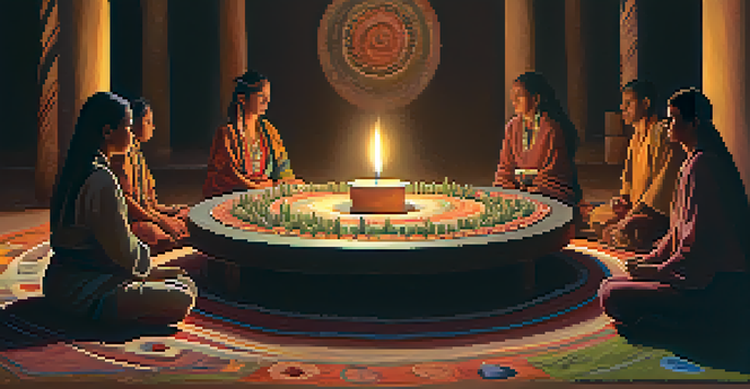 A peaceful gathering for a peyote ceremony with participants meditating in a circle surrounded by soft candlelight and colorful textiles.