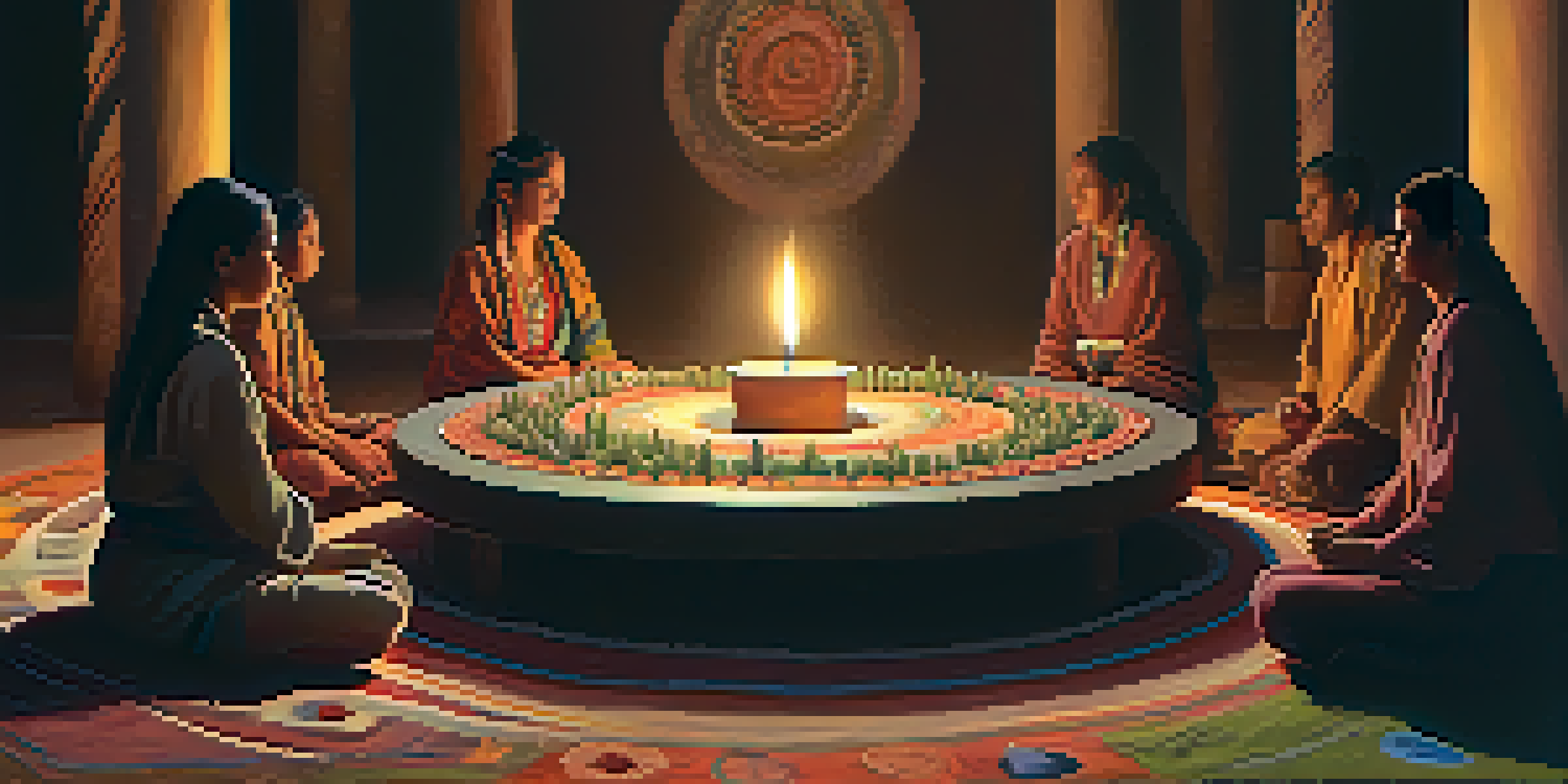 A peaceful gathering for a peyote ceremony with participants meditating in a circle surrounded by soft candlelight and colorful textiles.