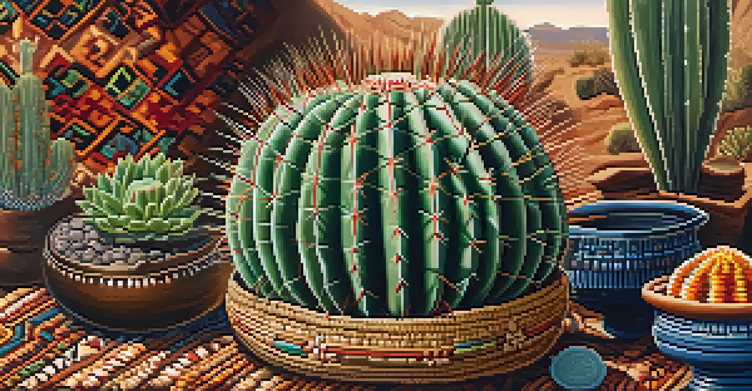 Close-up of a peyote cactus with spines and flowers, with a blurred background of a traditional Indigenous gathering.