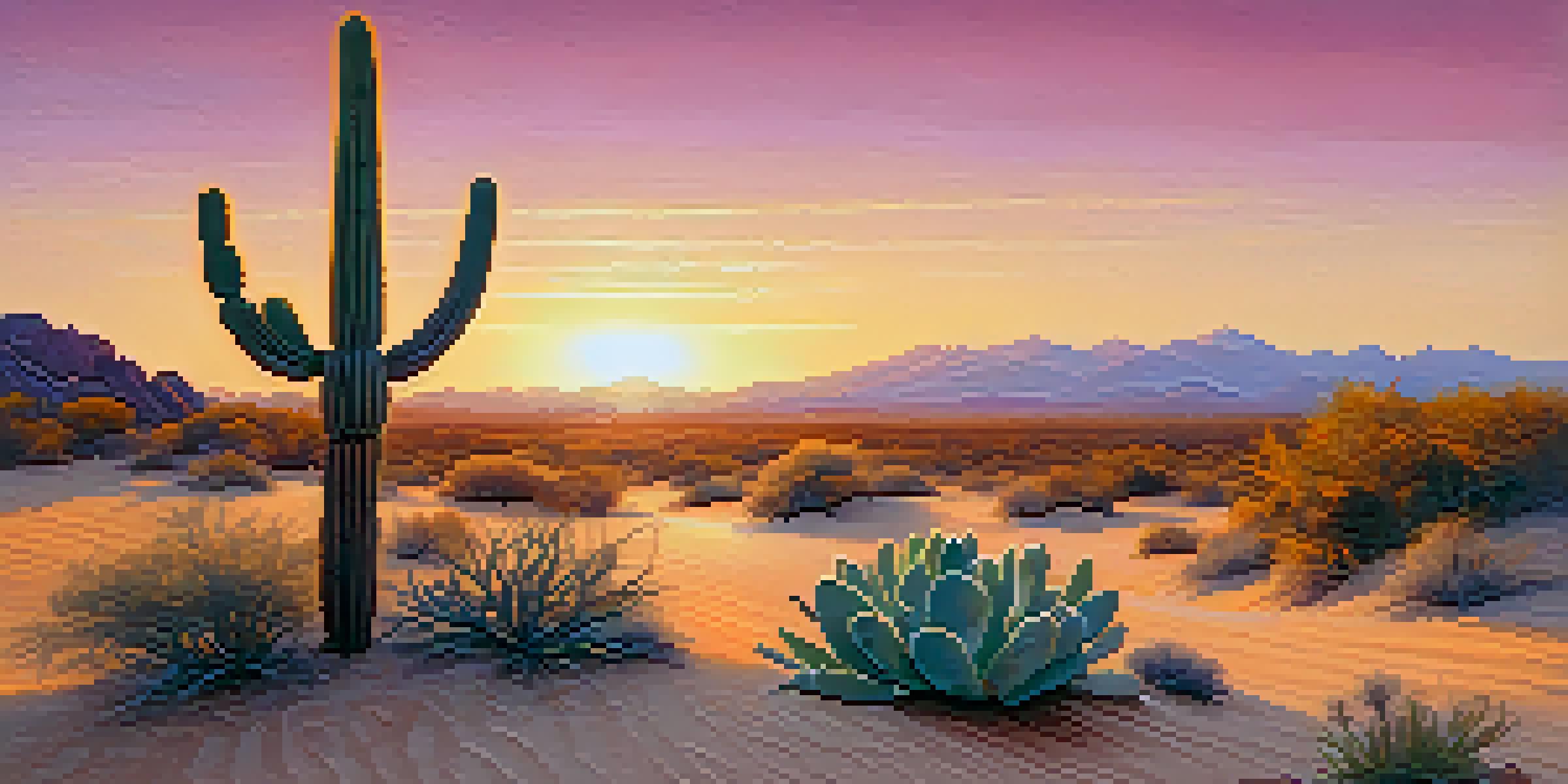 A desert scene with a peyote cactus at sunset, showcasing vibrant colors in the sky and soft sands.