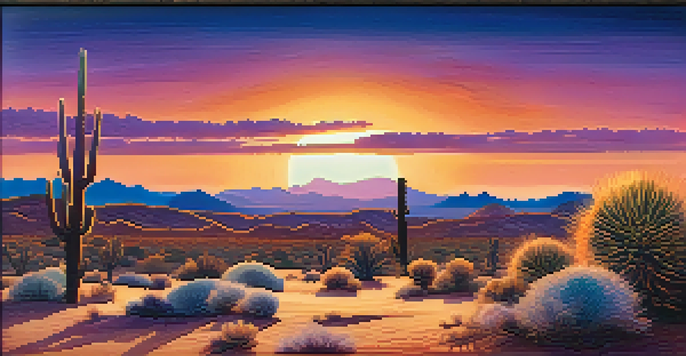 A tranquil desert landscape at sunset with a small peyote cactus in the foreground and colorful skies.