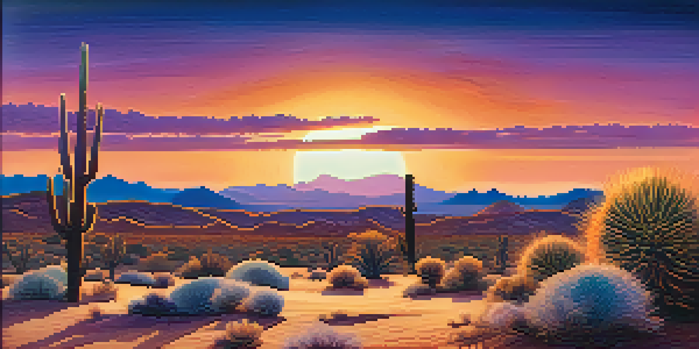 A tranquil desert landscape at sunset with a small peyote cactus in the foreground and colorful skies.