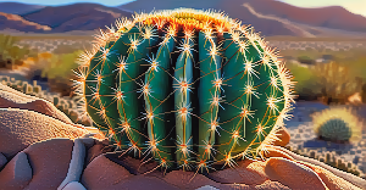 A close-up of a peyote cactus with vibrant colors and textures, set in a desert landscape with sunlight.