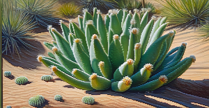 Close-up of a peyote cactus with vibrant green texture and unique spines, set against a softly blurred background with warm sunlight.
