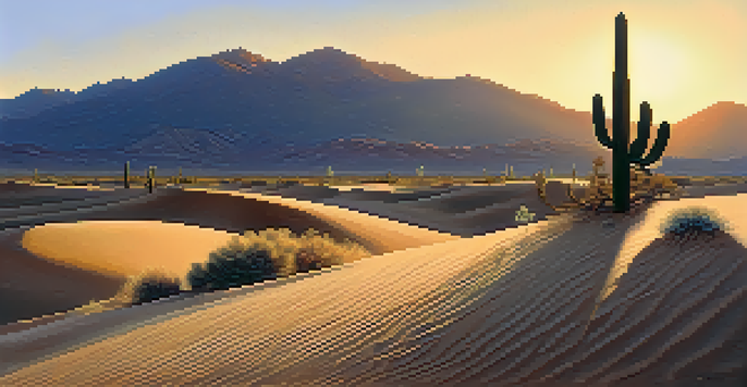 A desert landscape at sunrise with a small Peyote cactus, sand dunes, and distant mountains.